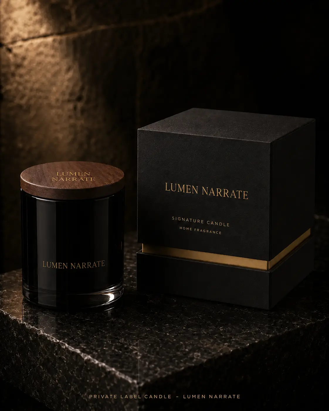 Lumen Narrate 145g black glass soy candle with wood lid and black gold packaging