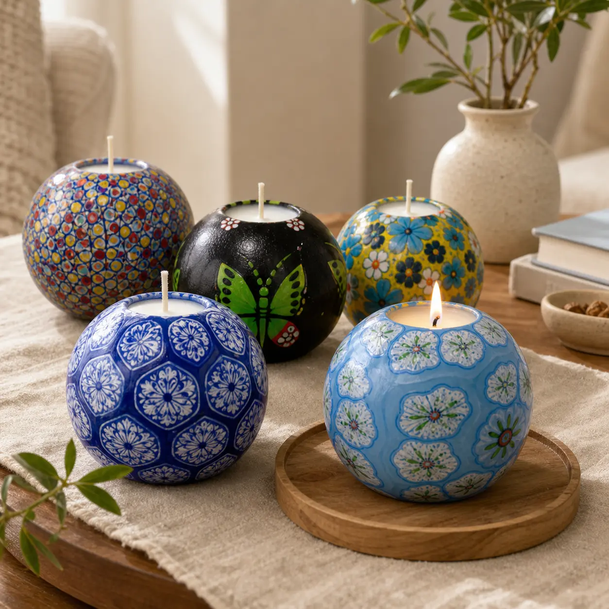 Patterned spherical craft candle collection