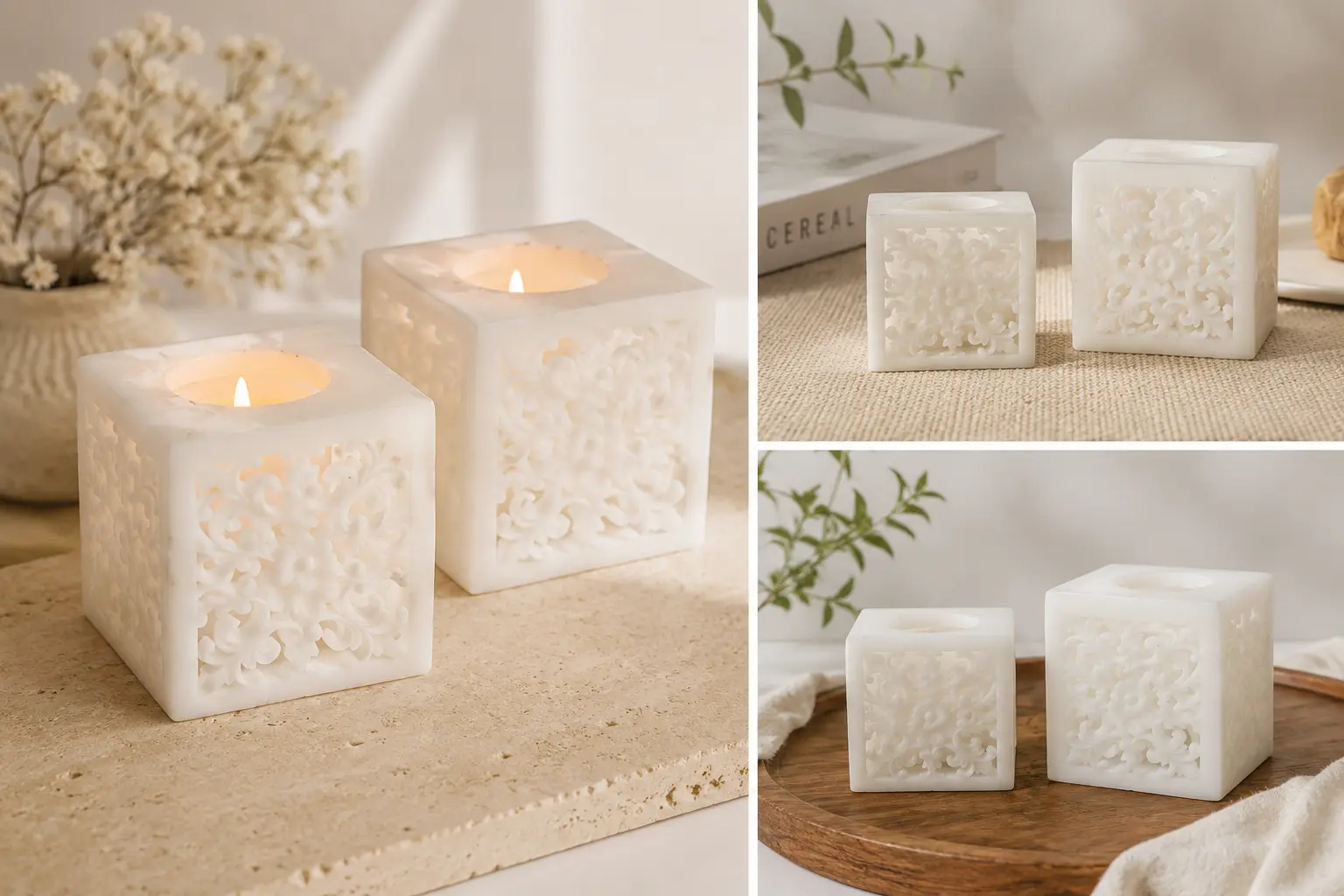 White square hollow-out carved candle holders shown lit and unlit