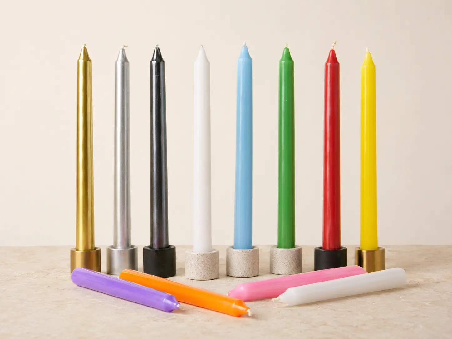 Wholesale taper candle range in metallic and solid colors