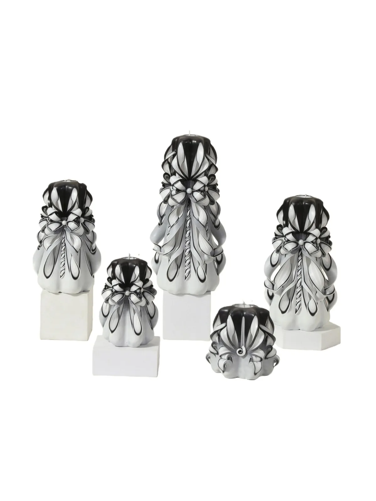 Black and white pearl bow hand-carved pillar candle